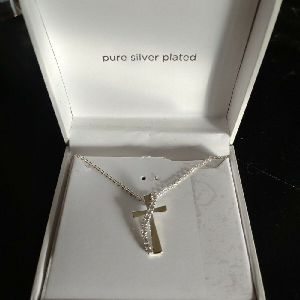 JCPENNY Pure Silver Plated 18" Modern Cross Necklace with Rhinestones Cz Zircona